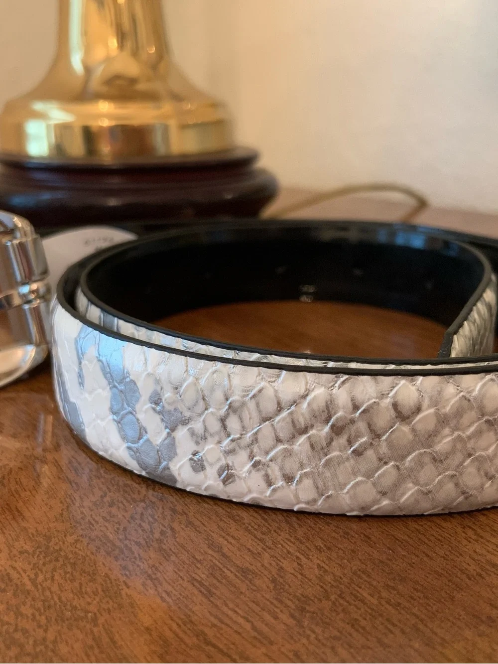 Women’s White Snake-Texture Leather Belt with Brushed Silver Buckle